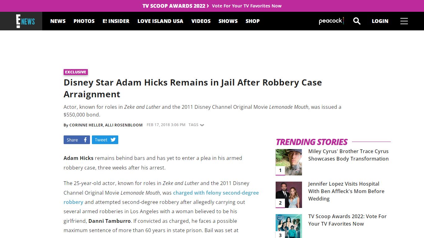 Adam Hicks Remains in Jail After Robbery Case Arraignment - E! Online